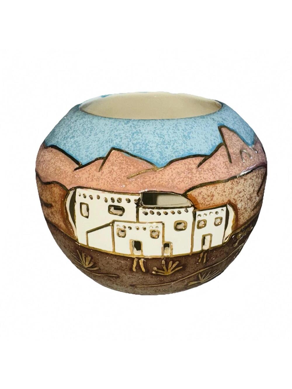 Handmade Gina Arrighetti Santa Fe Pueblo Village Vase Candle Holder Southwestern